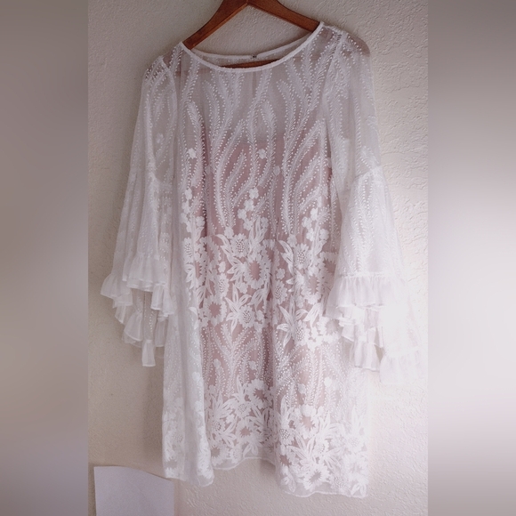 Badgley Mischka Soft White Sheer Lace Mini Dress With Nude Dress Slip - Picture 4 of 8